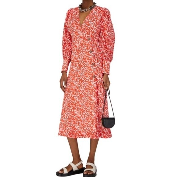 NWT Ganni Dress Abstract Floral Orange Dot Crepe Midi Size 2 - Picture 2 of 15